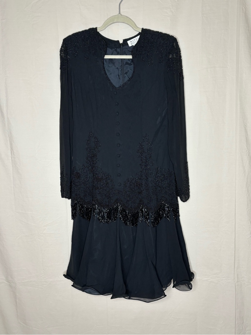 Vintage Niteline Della Roufogali 100% Silk Beaded Fringe Dress Black Size 8